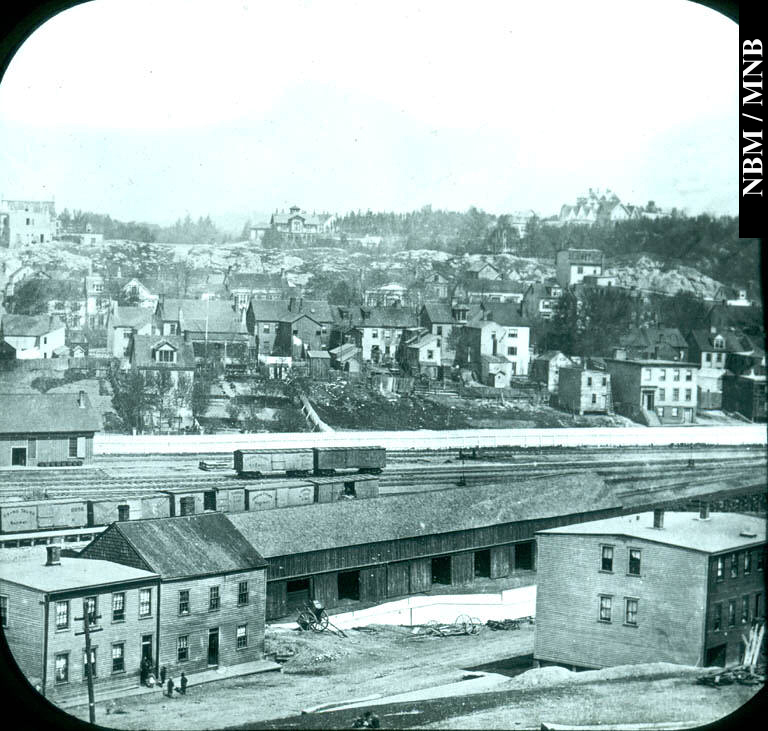 Part of Old Portland Across the Valley, Showing Part of Old Freight Shed, Saint John, New Brunswick. c. 1875
